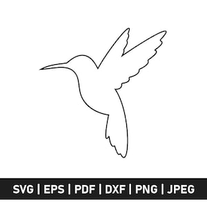 May include: A black and white line drawing of a hummingbird in flight. The bird is depicted with its wings spread, and its beak is pointed forward. The image includes the text "SVG | EPS | PDF | DXF | PNG | JPEG".