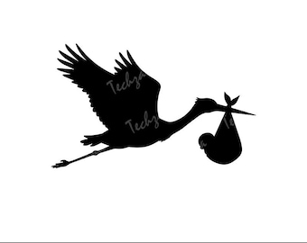 Stork Flying with Baby SVG, Baby Delivery Silhouette Cut File, Newborn Arrival Stork Clipart for Cricut & Sublimation, Baby Shower SVG