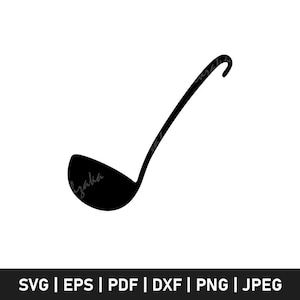 Może przedstawiać: Czarna sylwetka chochli, przyboru kuchennego do serwowania zup i gulaszu. Chochla ma zaokrągloną misę i długi, zakrzywiony uchwyt. Obraz jest na białym tle. Na dole obrazu znajduje się tekst: SVG | EPS | PDF | DXF | PNG | JPEG.