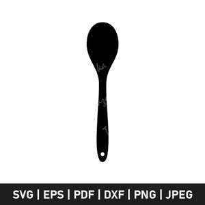Puede incluir: Silueta negra de una cuchara de madera con un cuenco redondeado y un mango largo. El mango tiene un agujero en el extremo para colgar. La imagen es un gráfico vectorial, adecuado para diversas aplicaciones digitales.