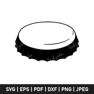 May include: A black and white graphic of a bottle cap. The cap has a white top and a black, ridged edge. The bottom of the image contains the text "SVG | EPS | PDF | DXF | PNG | JPEG".