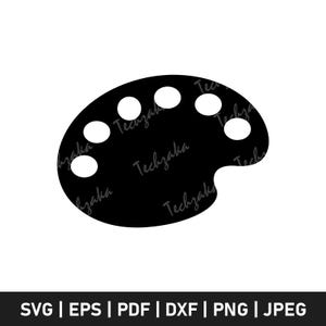 May include: A black artist's palette with white paint wells. The palette has a thumb hole and is set against a white background. The text "Techzaka" is repeated on the palette. Below the palette are the file type formats: SVG | EPS | PDF | DXF | PNG | JPEG.