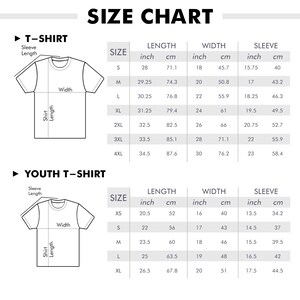 May include: A size chart for T-shirts and youth T-shirts, with measurements in inches and centimeters. The chart includes sizes, lengths, widths, and sleeve lengths for each size, from XS to 4XL.