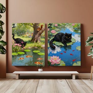 May include: Two canvas art prints depicting black cats in a pond setting. One shows a cat near pink flowers and koi fish, the other a cat on a lily pad with lotus flowers and red fish. The artwork has a whimsical, illustrative style.