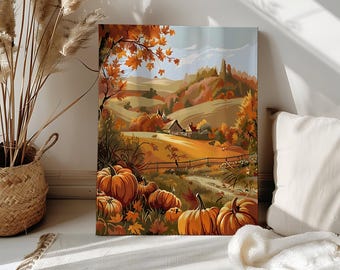 Könnte beinhalten: Ein Leinwanddruck, der eine Herbstlandschaft mit sanften Hügeln, einem Bauernhaus und Kürbissen zeigt. Das Kunstwerk verwendet warme Farben wie Orange, Braun und Gelb und erinnert an das Erntethema. Die Kürbisse sind im Vordergrund gruppiert.