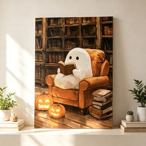Pode incluir: Uma impressão de arte de parede retangular apresentando um fantasma branco sentado numa poltrona de couro castanha, lendo um livro aberto. Duas abóboras de Halloween brilhantes estão no chão, com uma pilha de livros ao lado da poltrona.