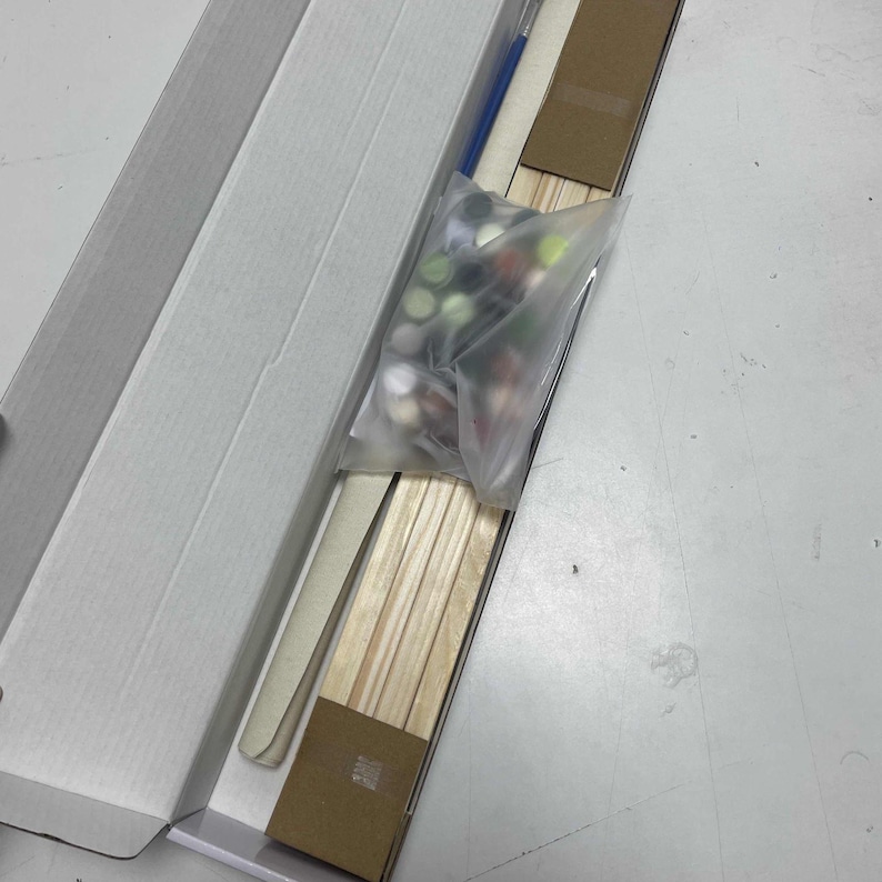 May include: An open white cardboard box containing a paint-by-numbers kit. The kit includes a small blue paintbrush, wooden sticks, a plastic bag of paint pots, and a cardboard insert.