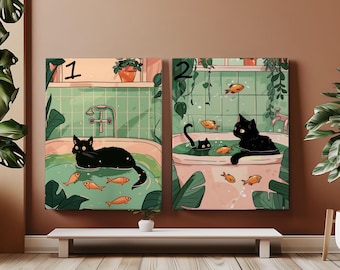 Paint by Number Fish and Cat In Bathtub DIY Acrylic Paint Numbers Black Cat Funny Canvas Paint Number Kit Cat Bathroom Wall Decor Handmade