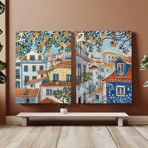 Orange Village Paint by Number Kit for Adults Colorful DIY Paint by Numbers Canvas Mediterranean House Paint Number Still Life Wall Art