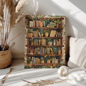 May include: A canvas print showing a bookshelf with books and plants. The shelves are dark brown, and the books have different coloured spines. Green foliage and flowers surround the shelves, creating a botanical theme. The artwork is displayed on a white surface.