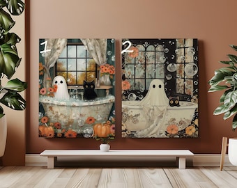 Kit de pintura por números de fantasma y gato en la bañera. Divertido kit de pintura por números para el baño. Encantador y espeluznante arte de pared para amantes de los fantasmas. Halloween oscuro.