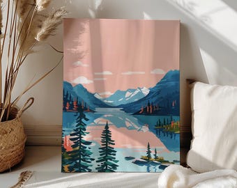 Kit de pintura por números de paisaje de lago de montaña rosa para adultos, pintura de paisaje forestal por números, lienzo acrílico, arte de pared abstracto simple