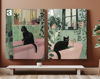 Paint by Number Bath Cat DIY Color Paint by Numbers Cat in Bathroom Canvas Paint Number Kit Funny Bathroom Wall Decor Black Cat Lover Gift