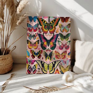 May include: A pink background with a pattern of colorful butterflies. The butterflies are in various sizes and positions, creating a vibrant and whimsical design.