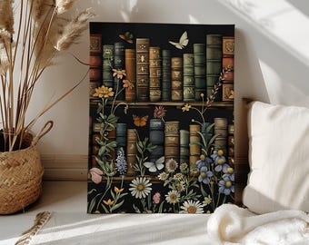 Book Lover Paint by Number Kit Bookshelf Dark Stack of Books Floral Color Paint Numbers Bookworm Wall Art Reading Nook Canvas Paint Number
