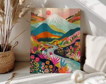 Kit de pintura por números para adultos: Paisaje de lago con flores silvestres de montaña. Colorido paisaje floral. Pintura por números sobre lienzo acrílico. Arte abstracto para pared.