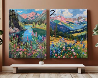 Kit de pintura por números para adultos: Paisaje de lago con flores silvestres de montaña. Colorido paisaje floral. Pintura por números sobre lienzo acrílico. Arte abstracto para pared.