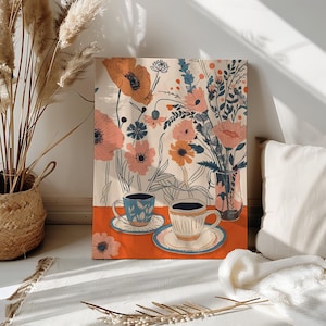 Retro Coffee Floral Paint by Number Cozy Coffee Cart DIY Color Paint by Numbers Kit Coffee Trendy Canvas Paint Number Maximalist Wall Art