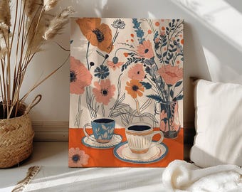 Peinture florale café rétro par numéro Chariot de café confortable Kit de peinture couleur par numéros bricolage café Toile tendance peinture numérique Art mural maximaliste