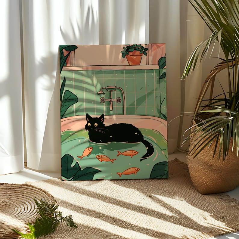Paint by Number Fish and Cat in Bathtub DIY Acrylic Paint Numbers Black ...