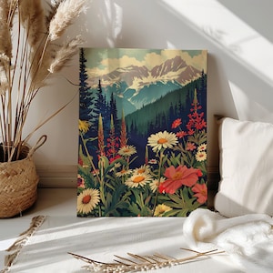 Mountain Wildflower Lake Landscape Paint by Number Kit for Adults Colorful Floral Scenery Paint by Numbers Acrylic Canvas Abstract Wall Art