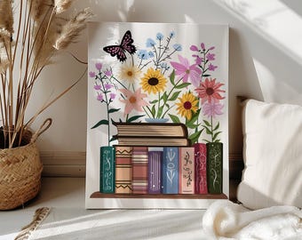 Book Lover Paint by Number Kit Stack of Books Floral Color Paint by Numbers Bookworm Wall Art Reading Nook Canvas Paint Number,Reading Gift