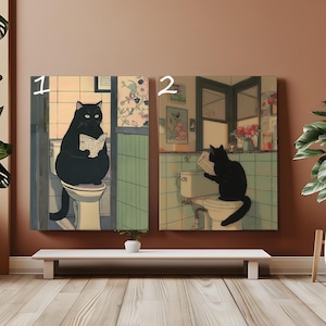 トイレで読書をする日本の黒猫の数字塗り絵キット 猫好きのための数字塗り絵 日本の猫の壁アート キャンバスペイント 面白いバスルームの装飾