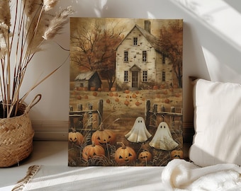Vintage Fall Cute Ghost Paint by Number Kit Forest Ghost Autumn Pumpkin Color Paint by Numbers Spooky Wall Art Halloween Dark Cottagecore