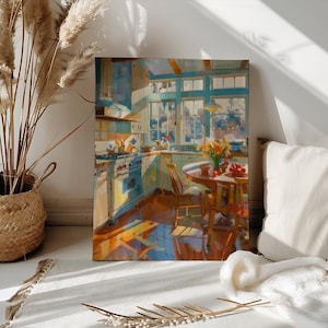 Op de afbeelding: Een kleurrijk schilderij van een keuken met een ronde tafel, stoelen en een fornuis. Het kunstwerk toont een helder, zonnig interieur met blauwe en gele tinten en een uitzicht door het raam.