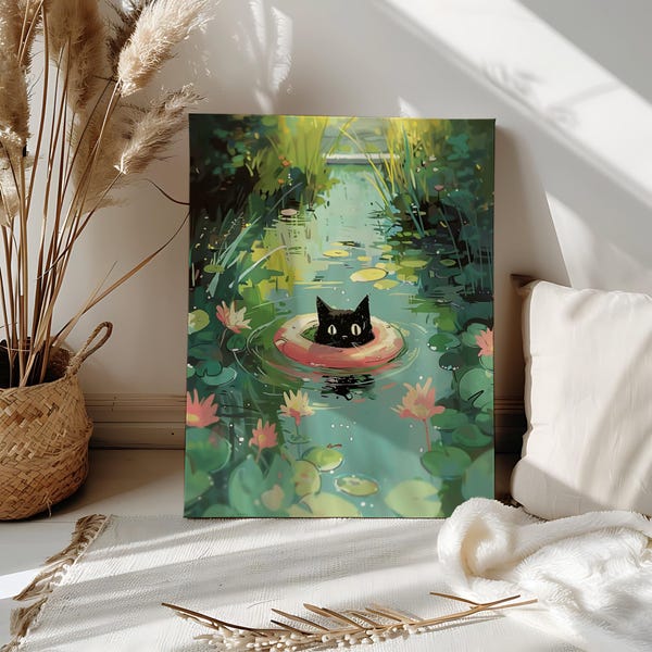 Cat Swimming in Lake Paint by Number Adults Cute Black Cat Acrylic Paint Numbers Kit Living Room Wall Art Canvas Paint Cat Lover Gift