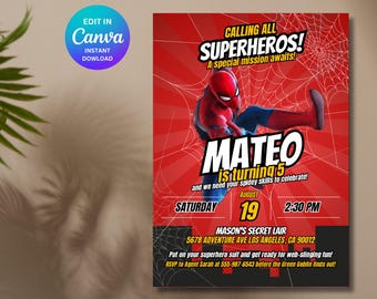 Bewerkbaar Spiderman-verjaardagspakket: uitnodiging, digitale uitnodiging