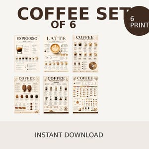 Puede incluir: Un conjunto de seis impresiones con temática de café. El texto superior dice "COFFEE SET OF 6" y "6 PRINTS". Las impresiones incluyen guías para espresso, latte, tipos de café, granos de café, métodos de preparación y notas de sabor. El texto inferior dice "INSTANT DOWNLOAD".