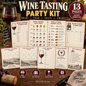 Könnte beinhalten: Ein 13-seitiges Weinproben-Party-Set mit druckbaren Bewertungsbögen, Aromen-Spickzetteln, Speisenempfehlungen, Platzsets, Notizblättern und einer Checkliste. Die Dokumente enthalten Illustrationen von Weingläsern, Trauben und Weinbergen.