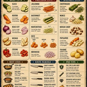 May include: A vintage-style poster titled VEGETABLE CUTS GUIDE featuring illustrations of various knife techniques, including slice, julienne, and dice. It includes sections for basic, precision, and specialty cuts, knife pairings, and pro tips with text.