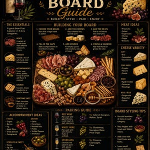 May include: A charcuterie board guide with text, illustrations, and food pairings. The guide includes sections on building a board, meat and cheese ideas, and pairing suggestions for wine and beer. The image is a colourful and informative guide.