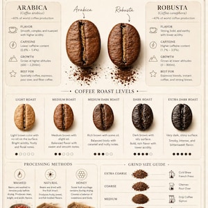 May include: Coffee bean guide detailing Arabica and Robusta beans, roast levels, processing methods, and grind size. The guide includes images of coffee beans and brewing methods.