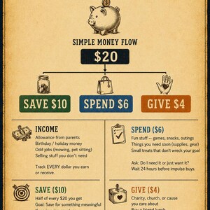 May include: A beige educational poster titled MISSION MONEY with a piggy bank graphic. It outlines a financial plan for $20, dividing it into $10 for SAVE, $6 for SPEND, and $4 for GIVE. The chart includes icons, text instructions, and categories for income, spending, saving, and giving.