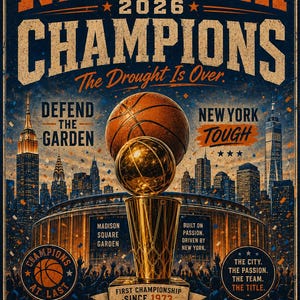 May include: A commemorative poster featuring a basketball trophy, a basketball, and the New York City skyline. Text includes NEW YORK CHAMPIONS 2026, The Drought Is Over, DEFEND THE GARDEN, NEW YORK TOUGH, FIRST CHAMPIONSHIP SINCE 1973, and 1970 1973 2026.