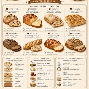 Puede incluir: Un póster educativo beige titulado The Ultimate Bread Types Guide que presenta ilustraciones de ocho variedades de pan, incluyendo masa madre, brioche, ciabatta, focaccia, centeno, baguette, challah y multigrano, con consejos de textura, maridaje y almacenamiento.