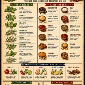 May include: A vintage-style educational poster titled HERBS & SPICES A GUIDE TO FLAVOR. It features illustrations of fresh herbs, bowls of spices, and text sections detailing flavour profiles, regional pairing guides, spice forms, and storage tips.