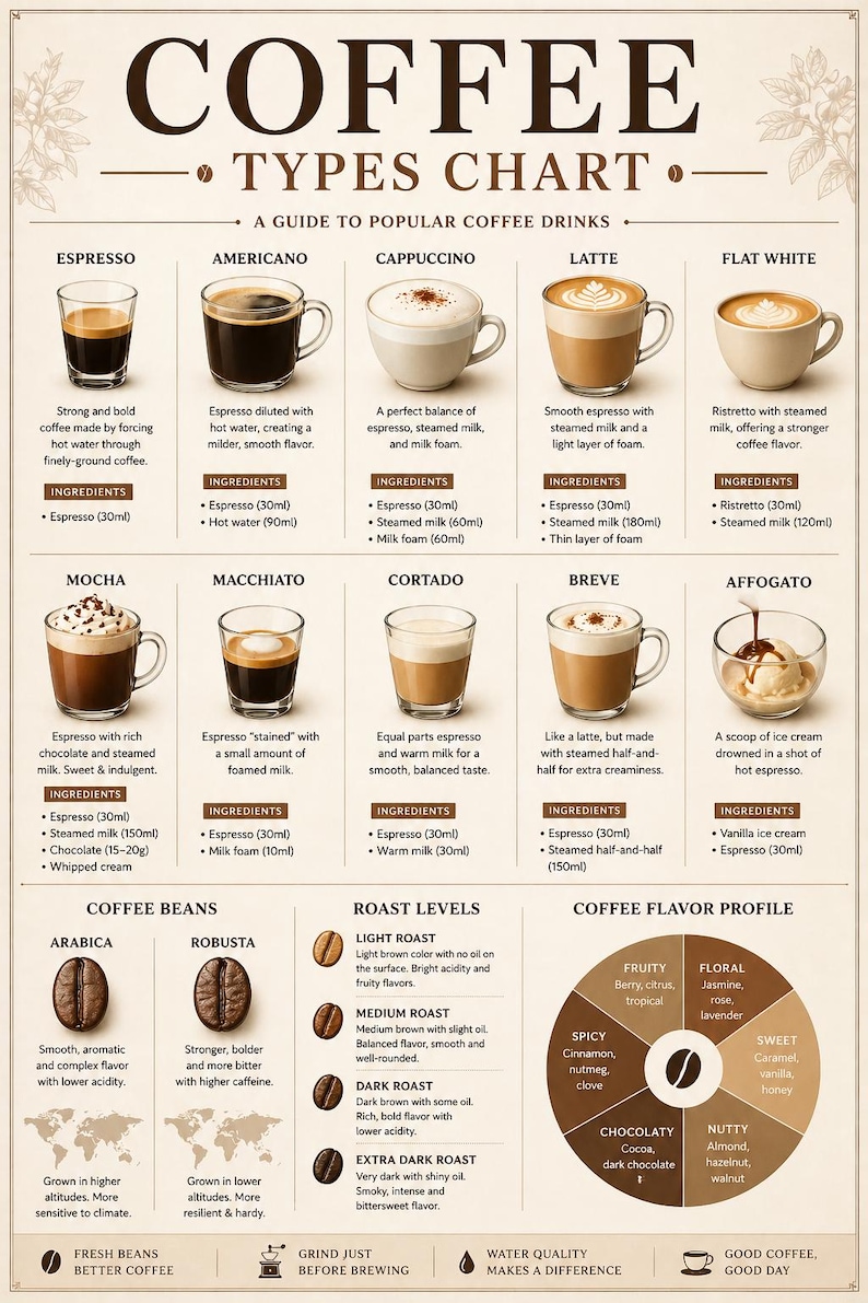 Coffee Types Chart Poster, Coffee Guide Infographic (instant Download ...