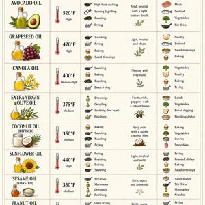 Puede incluir: Una guía de aceites de cocina con información sobre puntos de humo, mejores usos, perfiles de sabor y usos ideales. Los aceites incluyen aguacate, semilla de uva, canola, oliva virgen extra, coco, girasol, sésamo y maní. La guía también ofrece consejos para usar aceites.