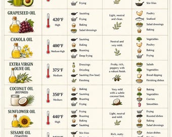 Póster guía sobre aceites de cocina, tabla de puntos de humo para la cocina (descarga instantánea)