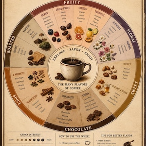 Op de afbeelding: Een poster in vintage-stijl met de titel The Coffee Wheel, A Guide to Coffee Flavors & Aromas. Het toont een centrale kop koffie omringd door een cirkelvormig diagram dat smaken zoals fruitig, bloemig, zoet, chocolade, kruidig en geroosterd categoriseert, met illustraties van ingrediënten en tekstinstructies.