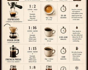 May include: Coffee ratios guide with brewing methods, including espresso, pour over, French press, and cold brew. The guide provides coffee-to-water ratios, examples, brew times, and tips for the perfect cup. Includes general tips for better coffee.