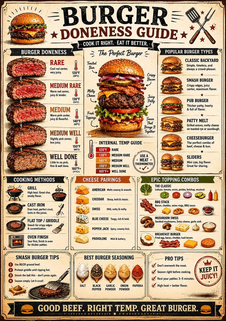 Burger Doneness Guide Poster, Burger Cooking Chart, BBQ Kitchen Wall ...
