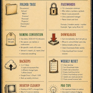 Pode incluir: Um cartaz informativo de estilo vintage intitulado DIGITAL WORKSPACE com seções sobre estruturas de pastas, convenções de nomenclatura, backups, senhas, downloads, reinicializações semanais, limpeza da área de trabalho e dicas.