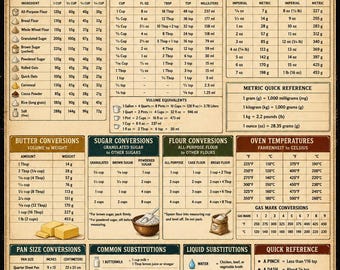 May include: A kitchen conversion chart poster titled The Ultimate Kitchen Conversion Chart. It features tables for dry, liquid, and weight measurements, butter, sugar, and flour conversions, oven temperatures, pan sizes, and common ingredient substitutions.