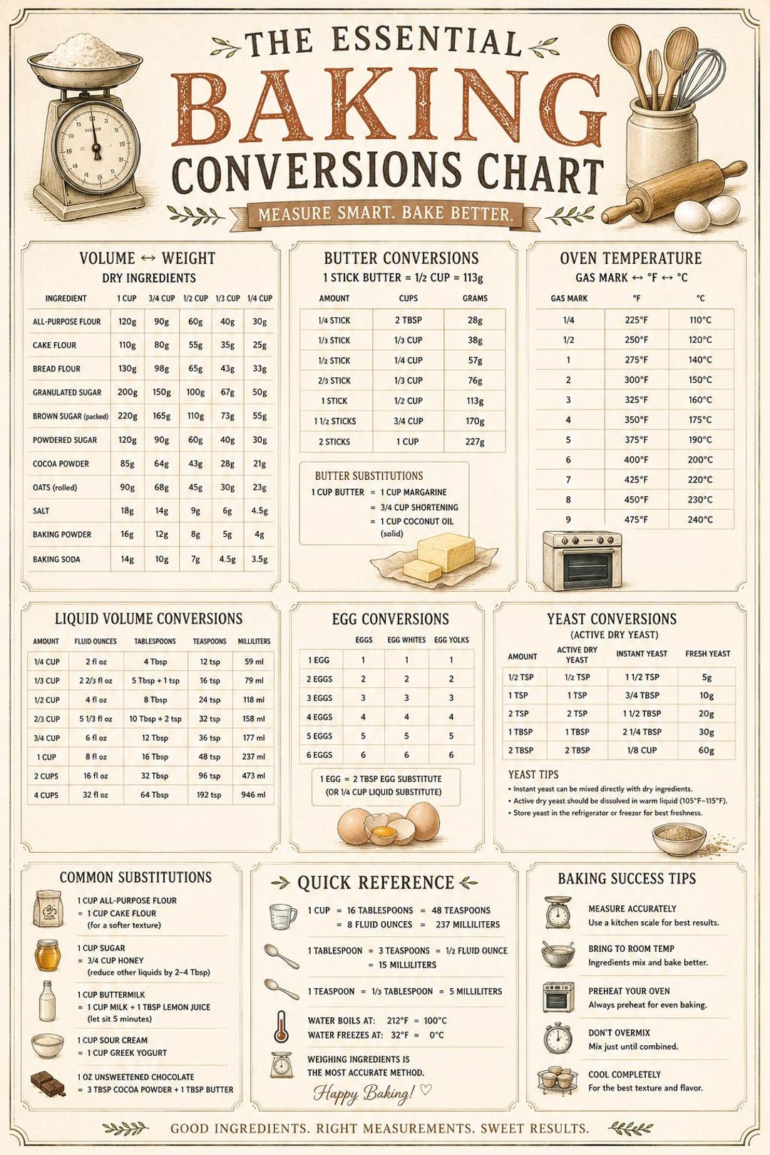 Baking Conversions Chart Poster, Baking Kitchen Wall Art, Printable ...