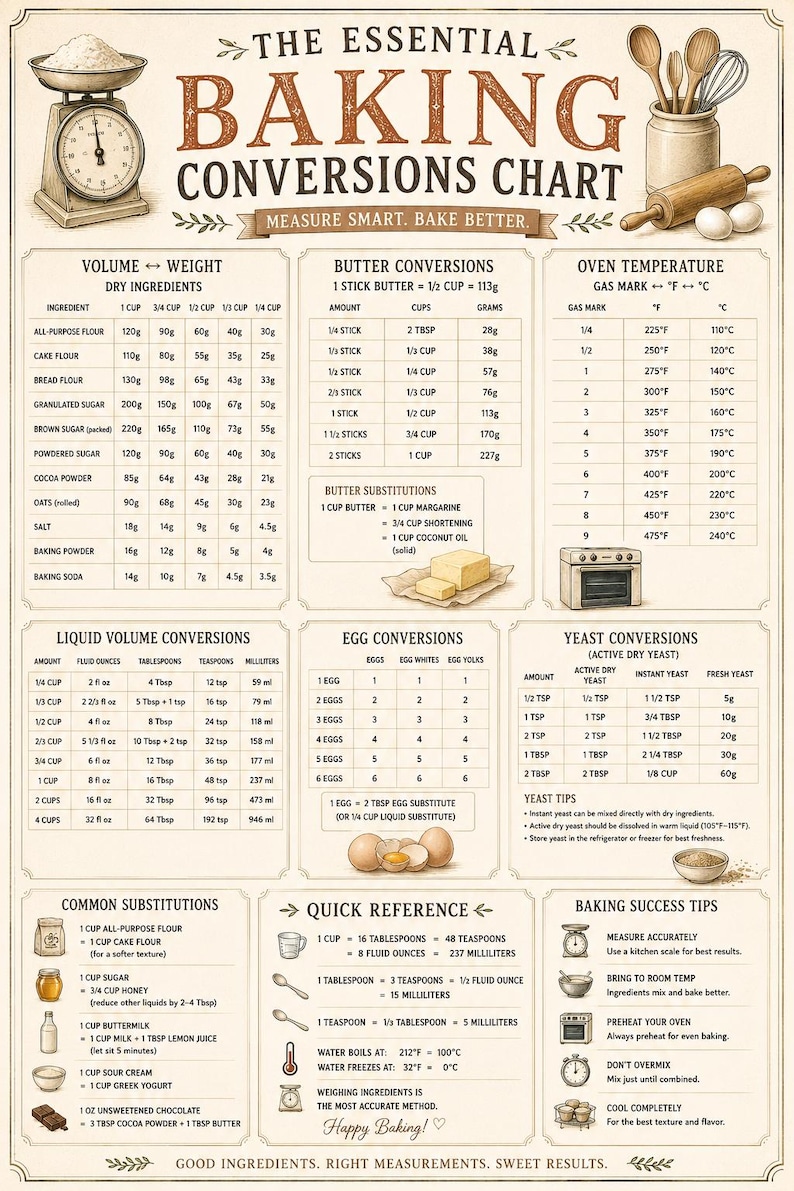 Baking Conversions Chart Poster, Baking Kitchen Wall Art, Printable ...